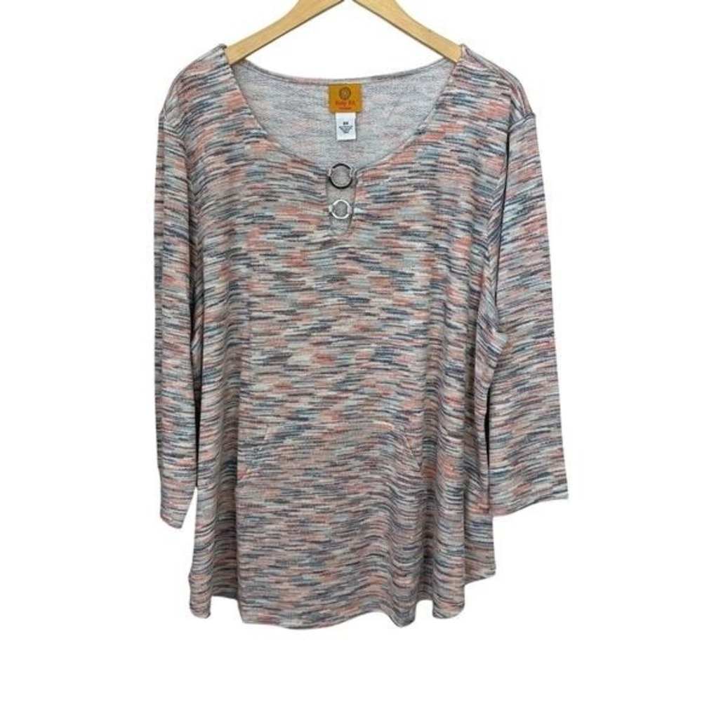 Ruby Rd. Tunic Knit Top Womens 3X Keyhole Orange Blue Space Dye Pullover Pocket